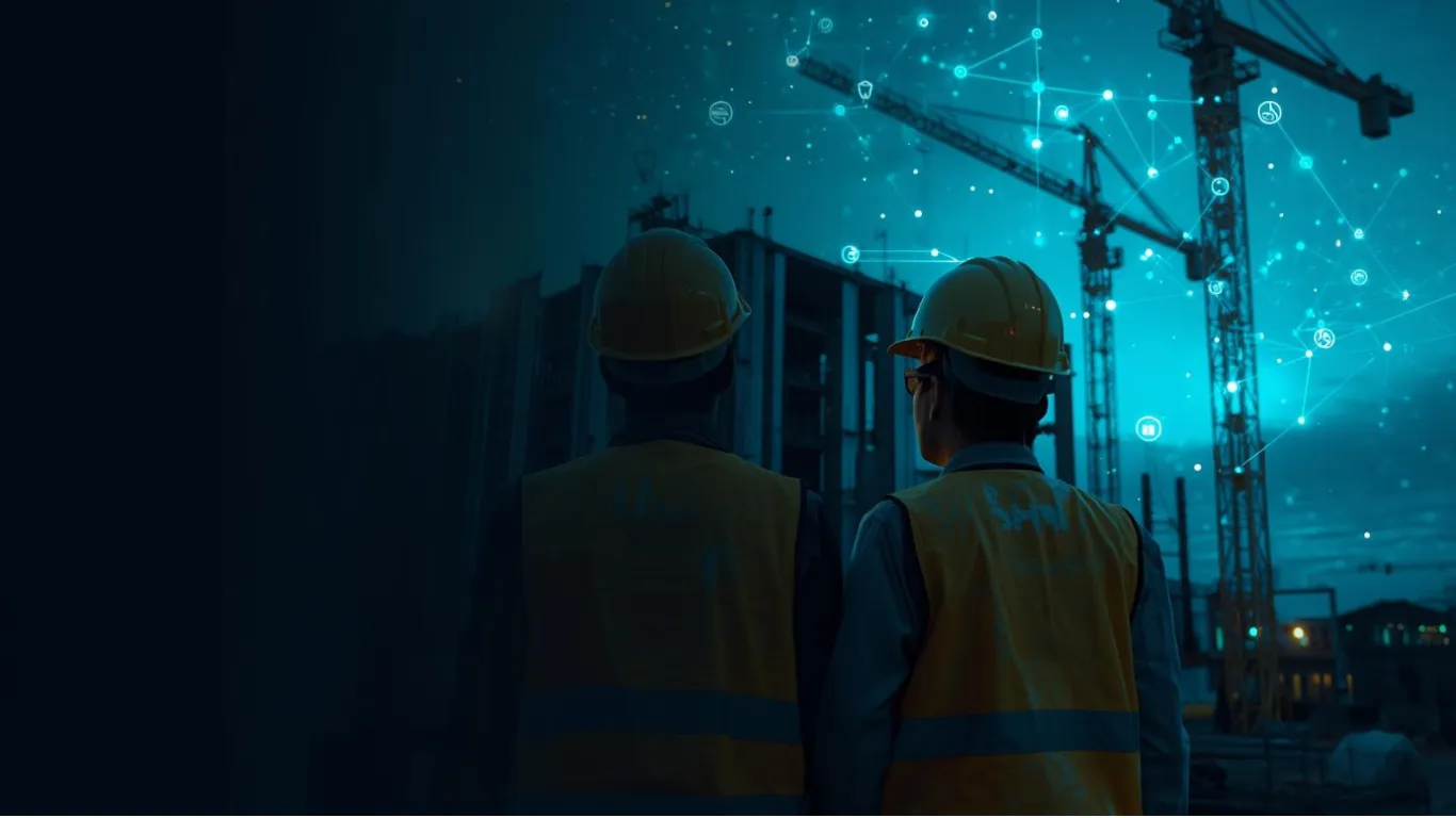 IA pour le BTP - Chantier de construction avec ouvriers et technologie IA