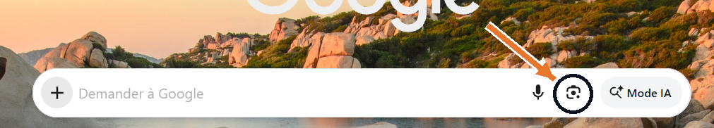 La barre de recherche Google, une flèche montre l'icône Lens en forme d'appareil photo, à droite du micro.